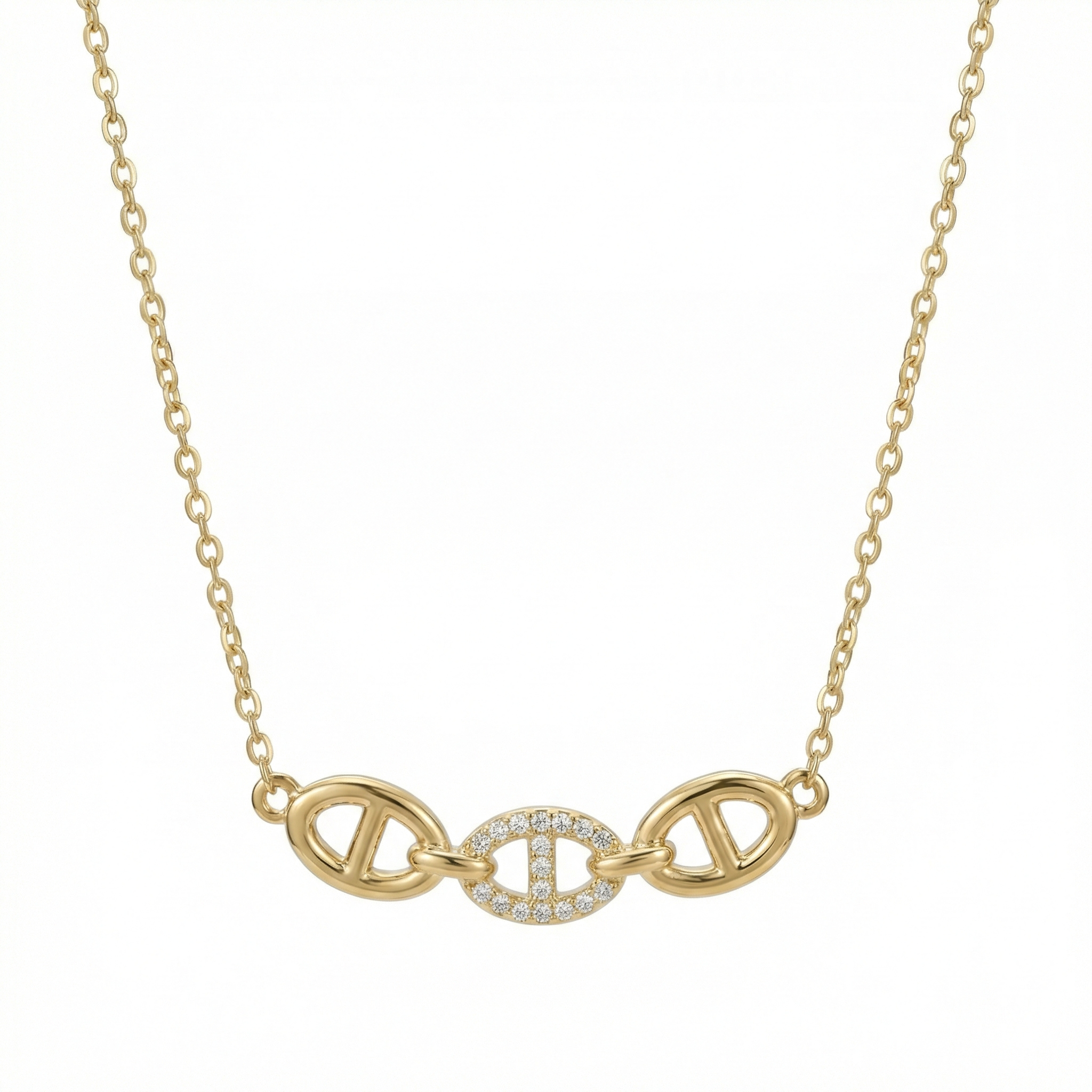 Collier doré en acier inoxydable avec trois maillons entrelacés et zircons scintillants